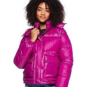No Boundaries Pink Puffer Jacket with Glossy Finish